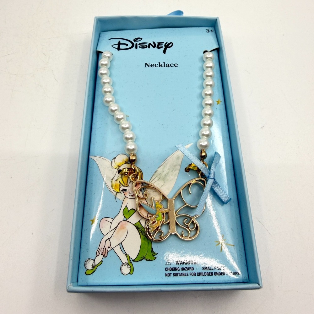 Y2K Disney Tinker Bell Butterfly Necklace Faux Pearl Charm Whimsical Kid Gift